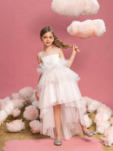 Tween-Mädchen-Partykleid mit ärmellosem Netzstoff und mehrlagigem Saum